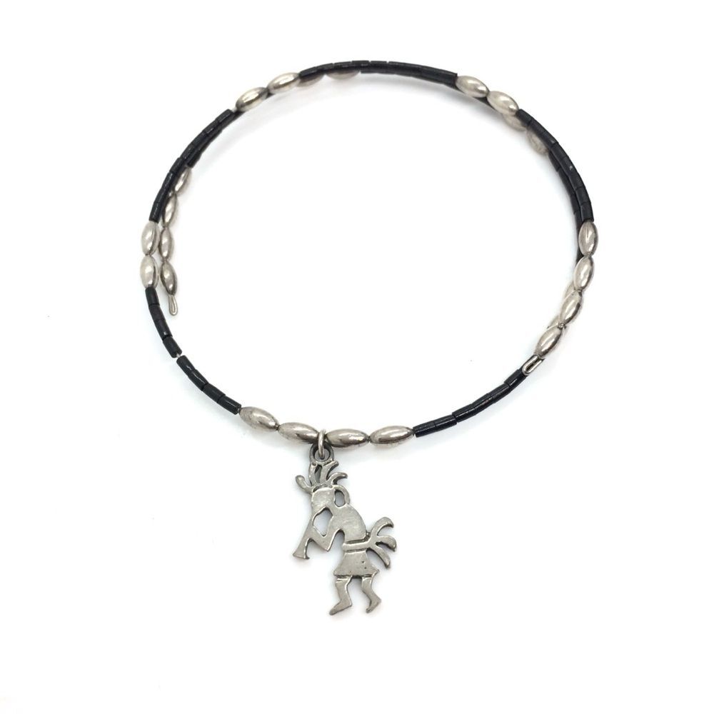 Vintage Kokopelli Choker Necklace Silver Tone Wire Black Bead Southwest Festival